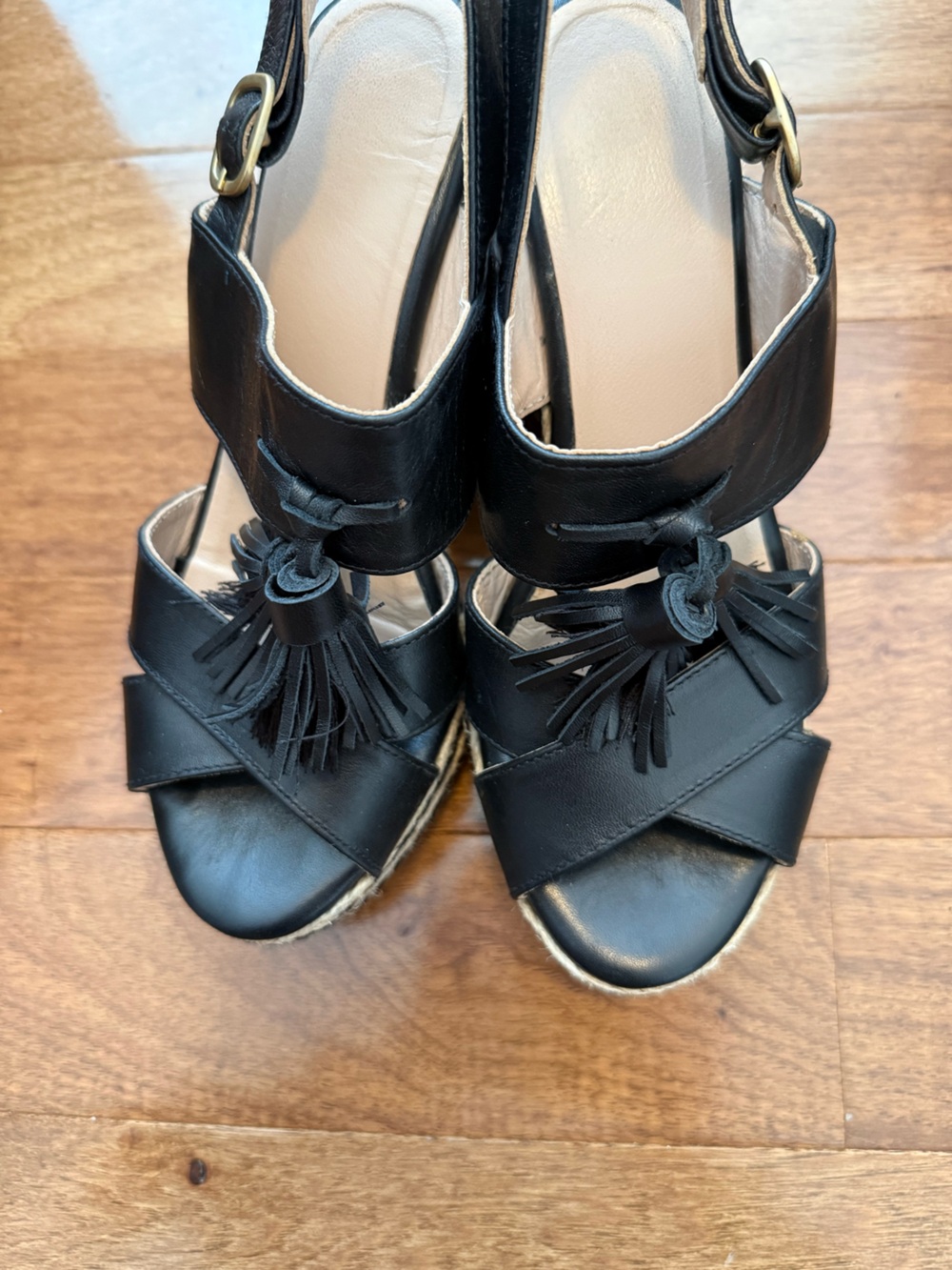 Franco Sarto Black Tassel Espadrille Wedge Sandals size 9